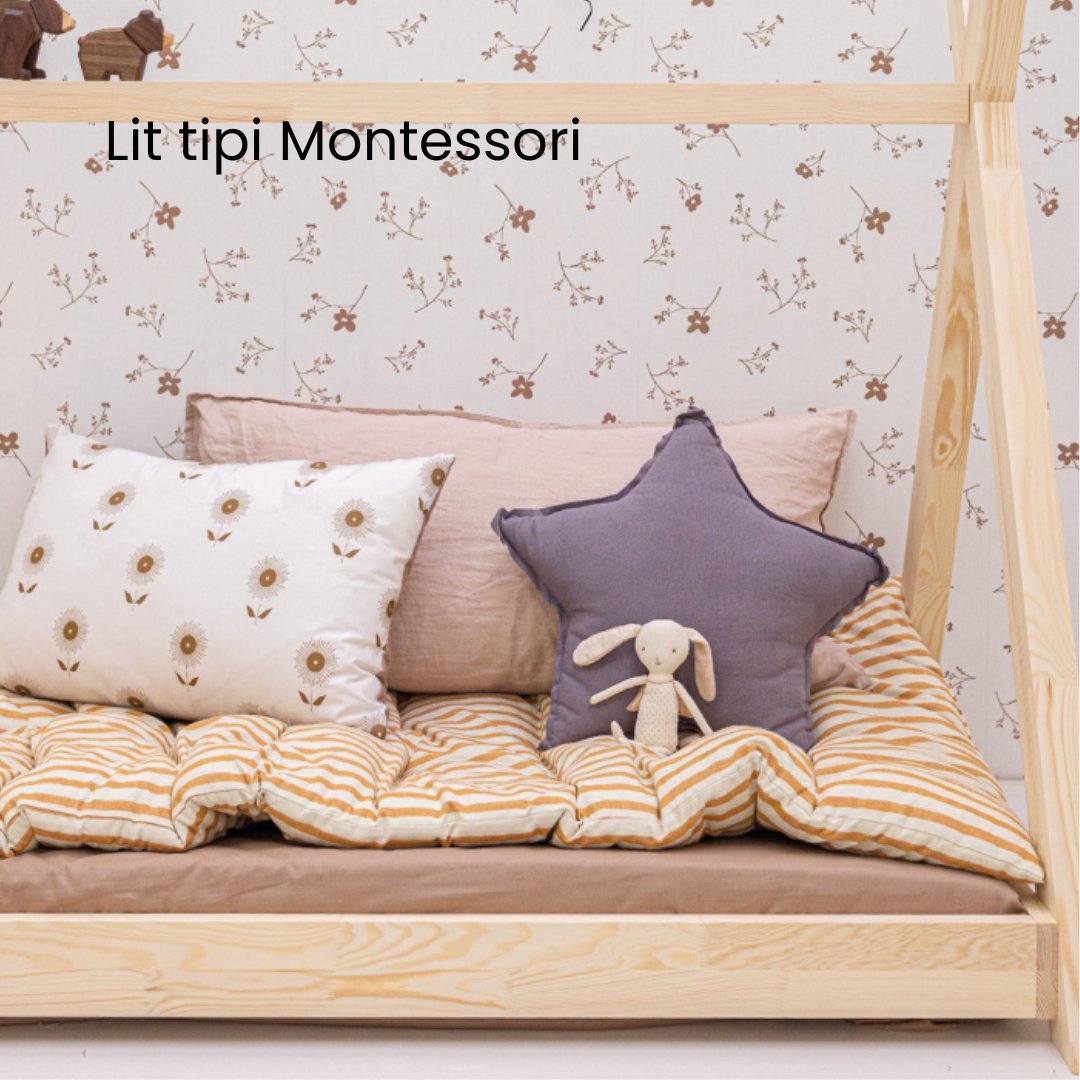 Lit-tipi d'enfant Montessori 70x140 cm avec linge de lit vert-menthe