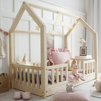 Lit cabane Montessori avec barrière Andrea 80x160cm Entrée au milieu