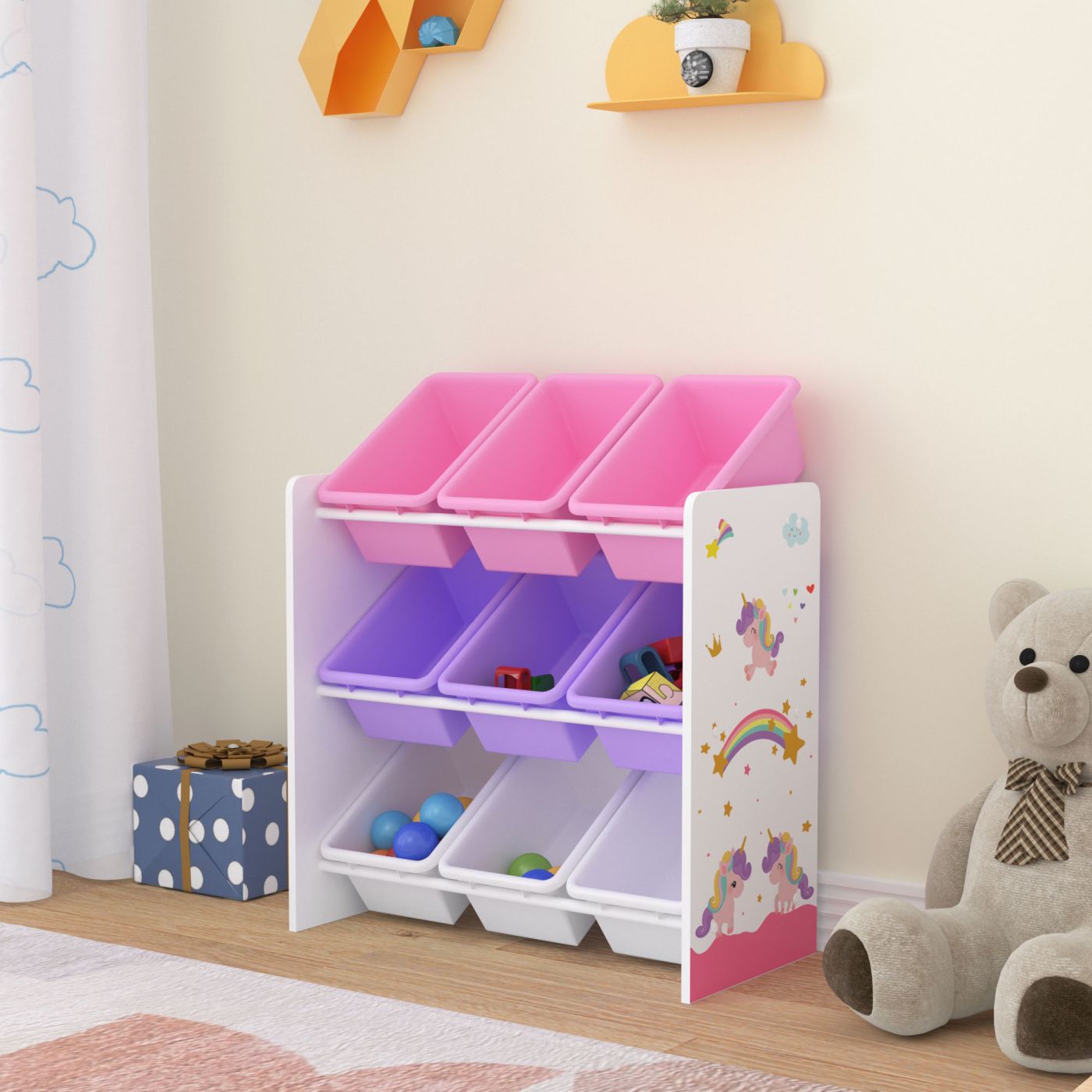 Meuble rangement enfant Licorne + 9 bacs