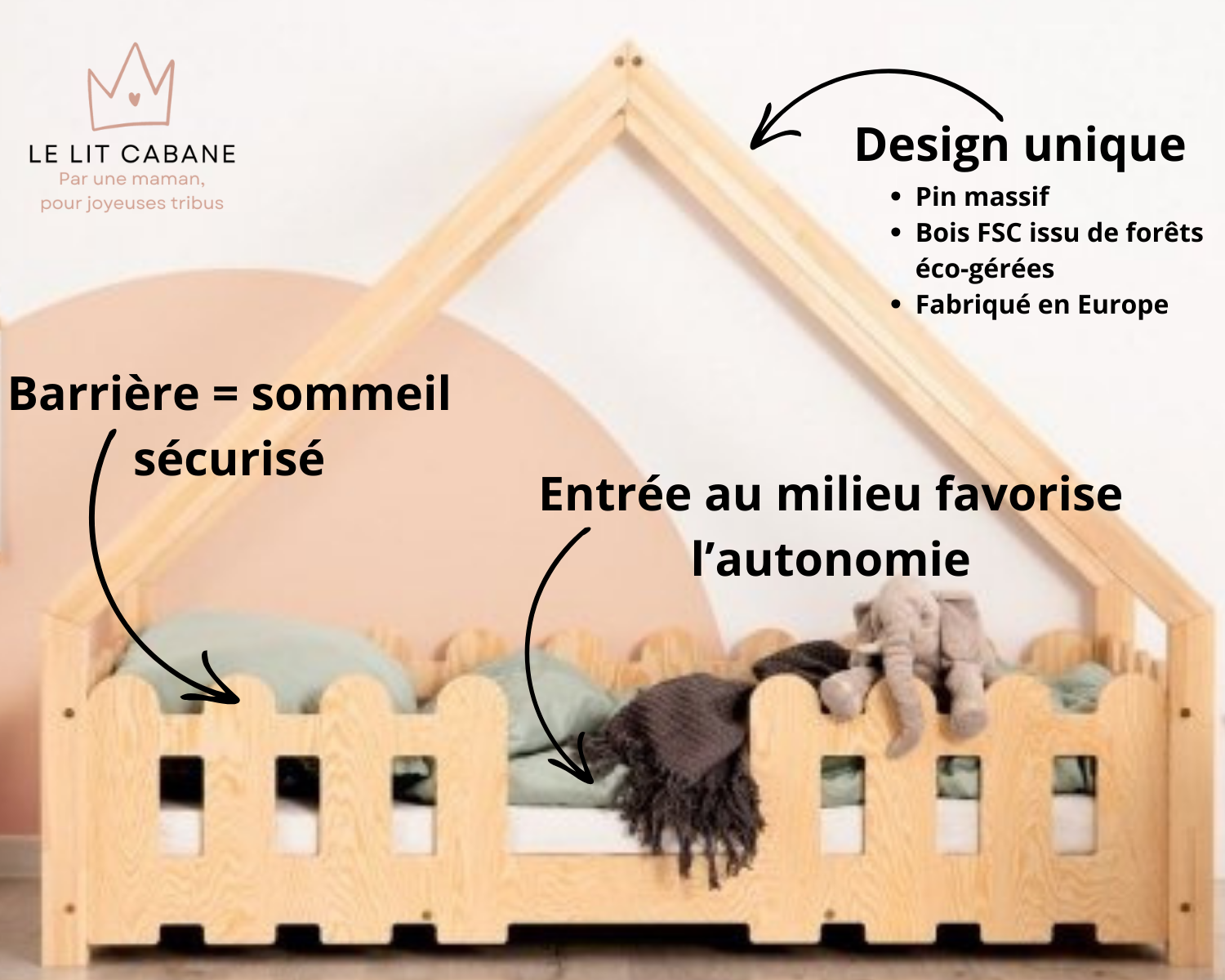 Lit cabane Montessori avec barrière 90x200cm