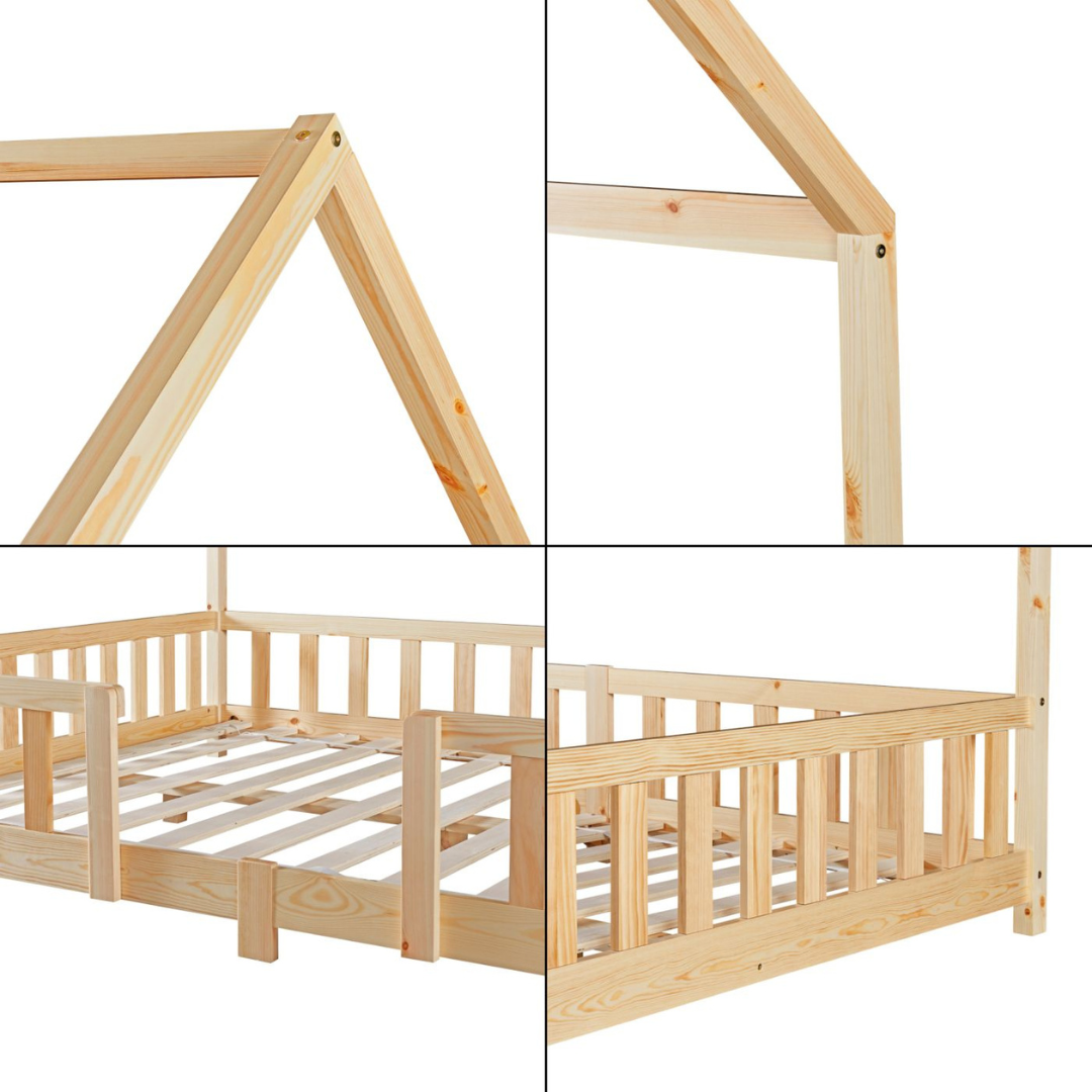 Grand lit cabane Montessori avec barrière + matelas - 140x200cm - Bois naturel