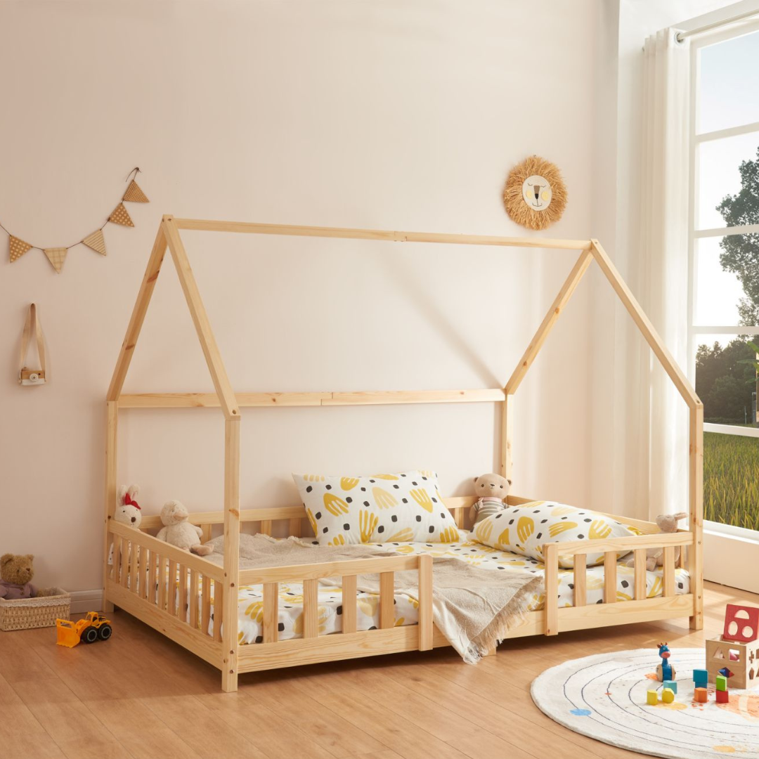 Groot Montessori kajuitbed met barrière + matras - 120x200cm - Wit