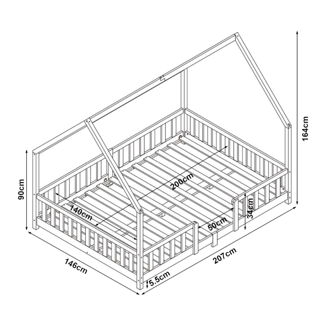 Groot Montessori kajuitbed met barrière + matras - 120x200cm - Wit