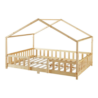 Grand lit cabane double avec barrière - 120x200cm - Bois naturel