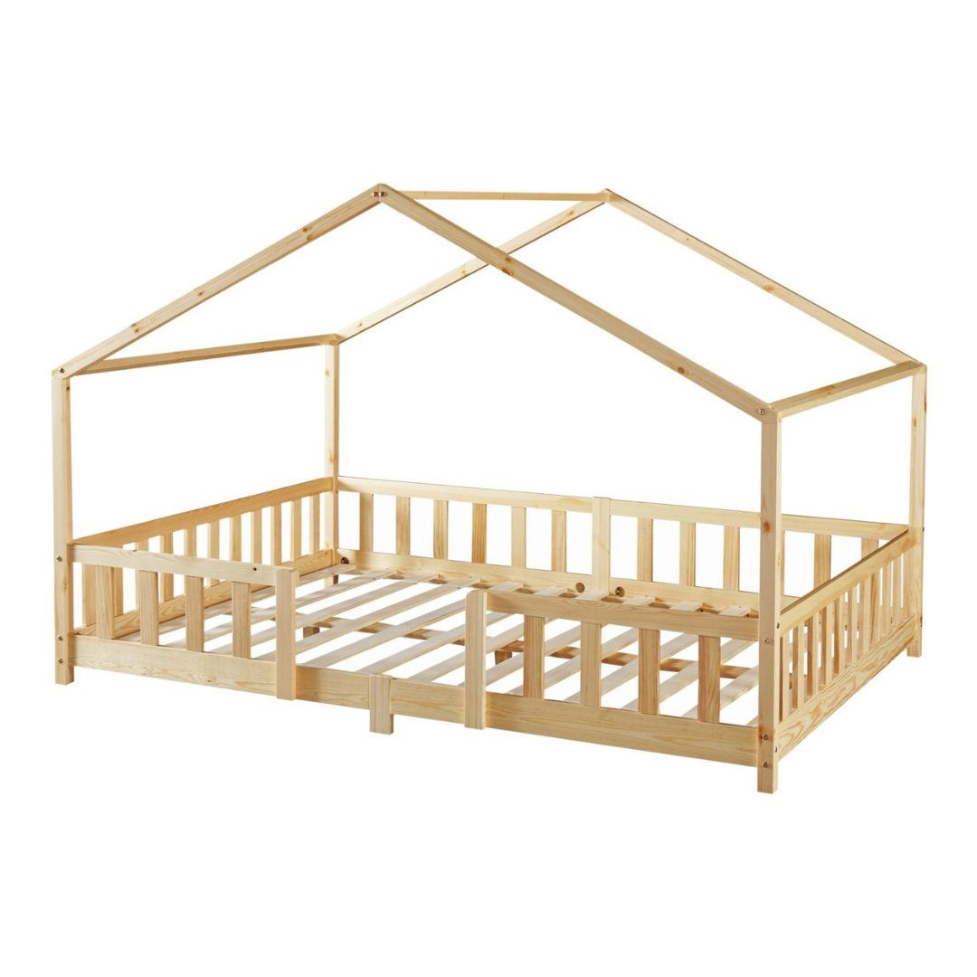 Grand lit cabane Montessori avec barrière + matelas - 140x200cm - Bois naturel