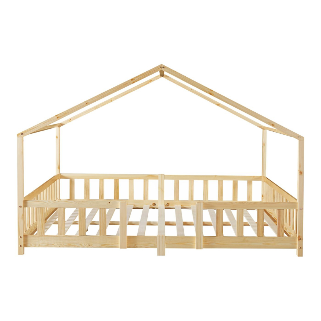 Grand lit cabane double avec barrière - 120x200cm - Bois naturel