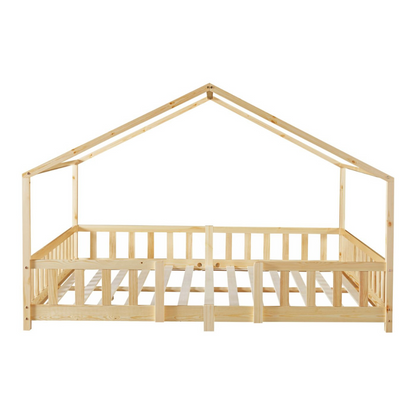 Grand lit cabane double avec barrière - 120x200cm - Bois naturel