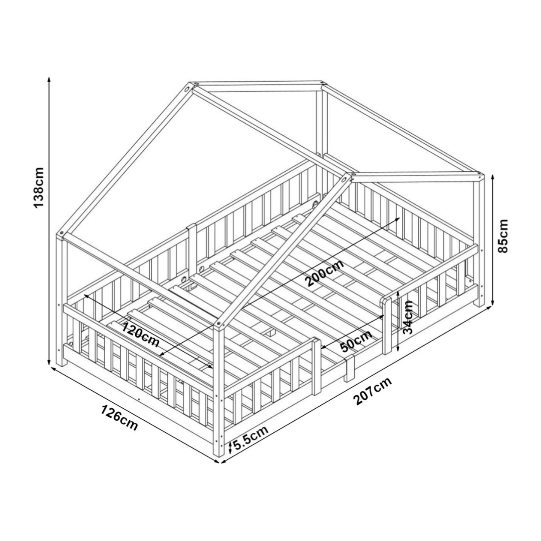 Grand lit cabane double avec barrière - 120x200cm - Bois naturel