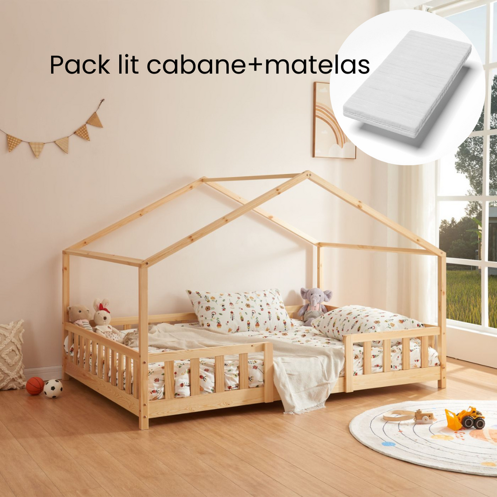 Lit cabane FINA lit simple pour enfant 90 x 190 cm, avec barrières de  protection sur 3 côtés, en pin massif lasuré blanc