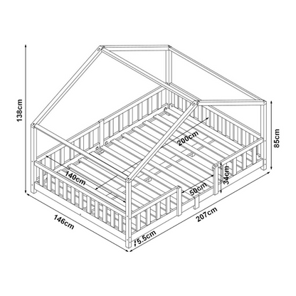 Grand lit cabane Montessori avec barrière + matelas - 140x200cm - Bois naturel