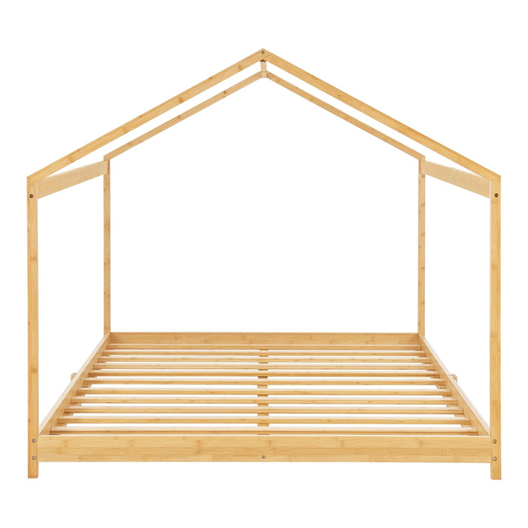 Grand lit cabane double avec matelas inclus - 120x200cm - Bois naturel