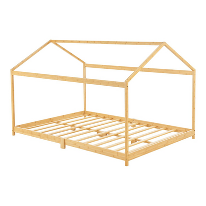 Grand lit cabane double avec matelas inclus - 120x200cm - Bois naturel