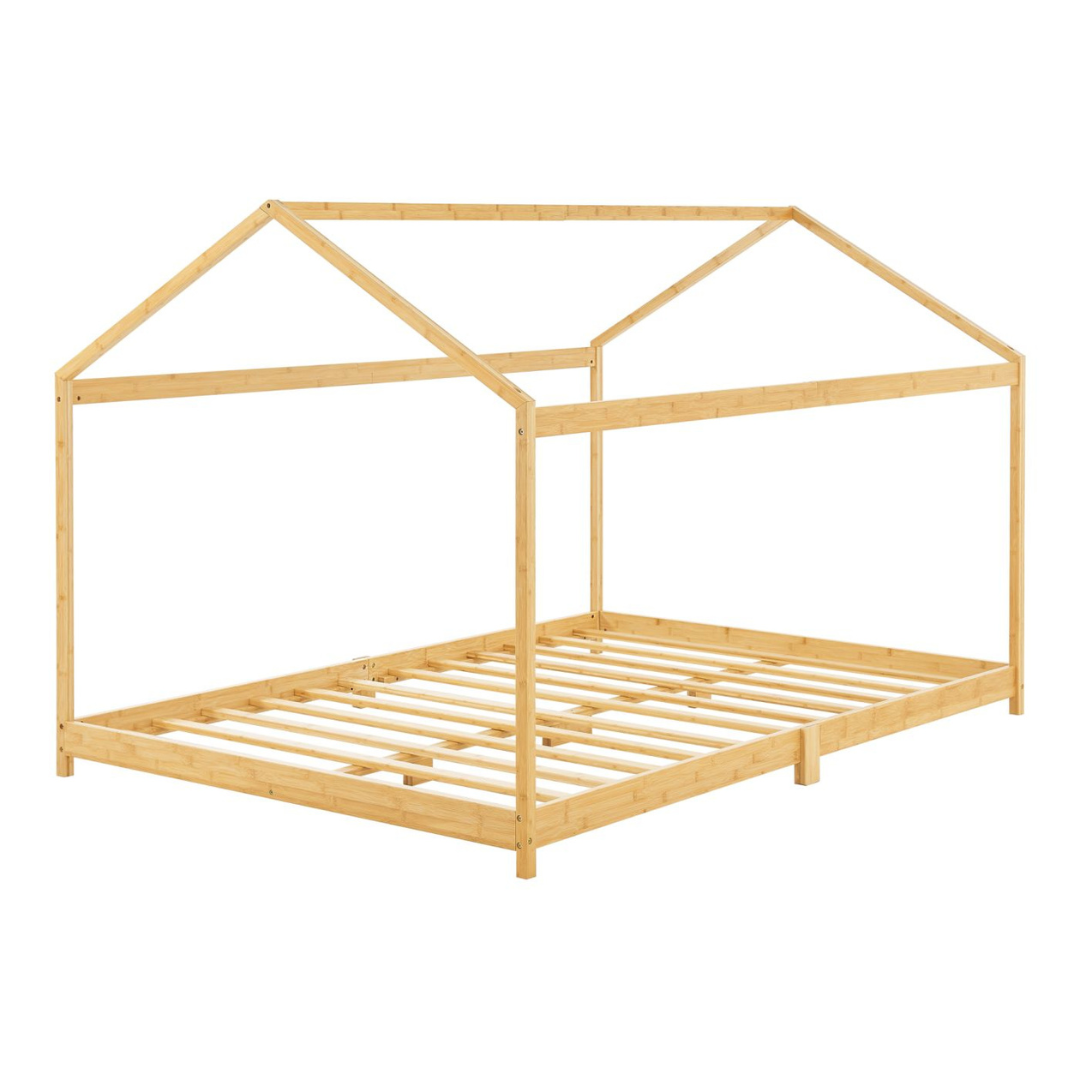 Grand lit cabane double avec matelas inclus - 120x200cm - Bois naturel