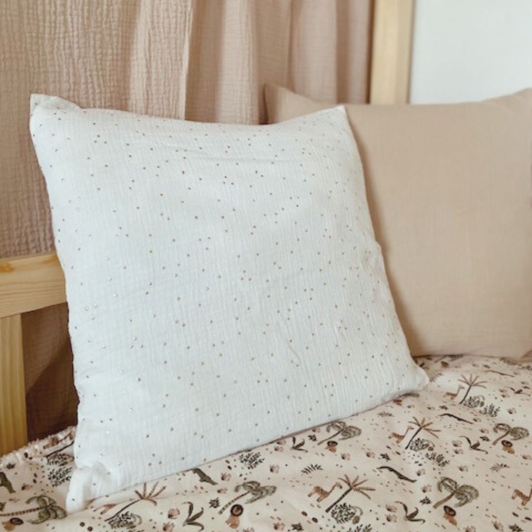 Coussin enfant double gaze blanc à pois dorés - Personnalisable