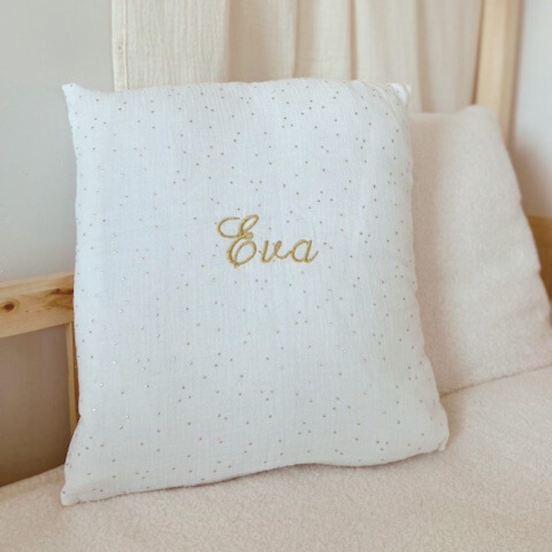 Coussin enfant double gaze blanc à pois dorés - Personnalisable