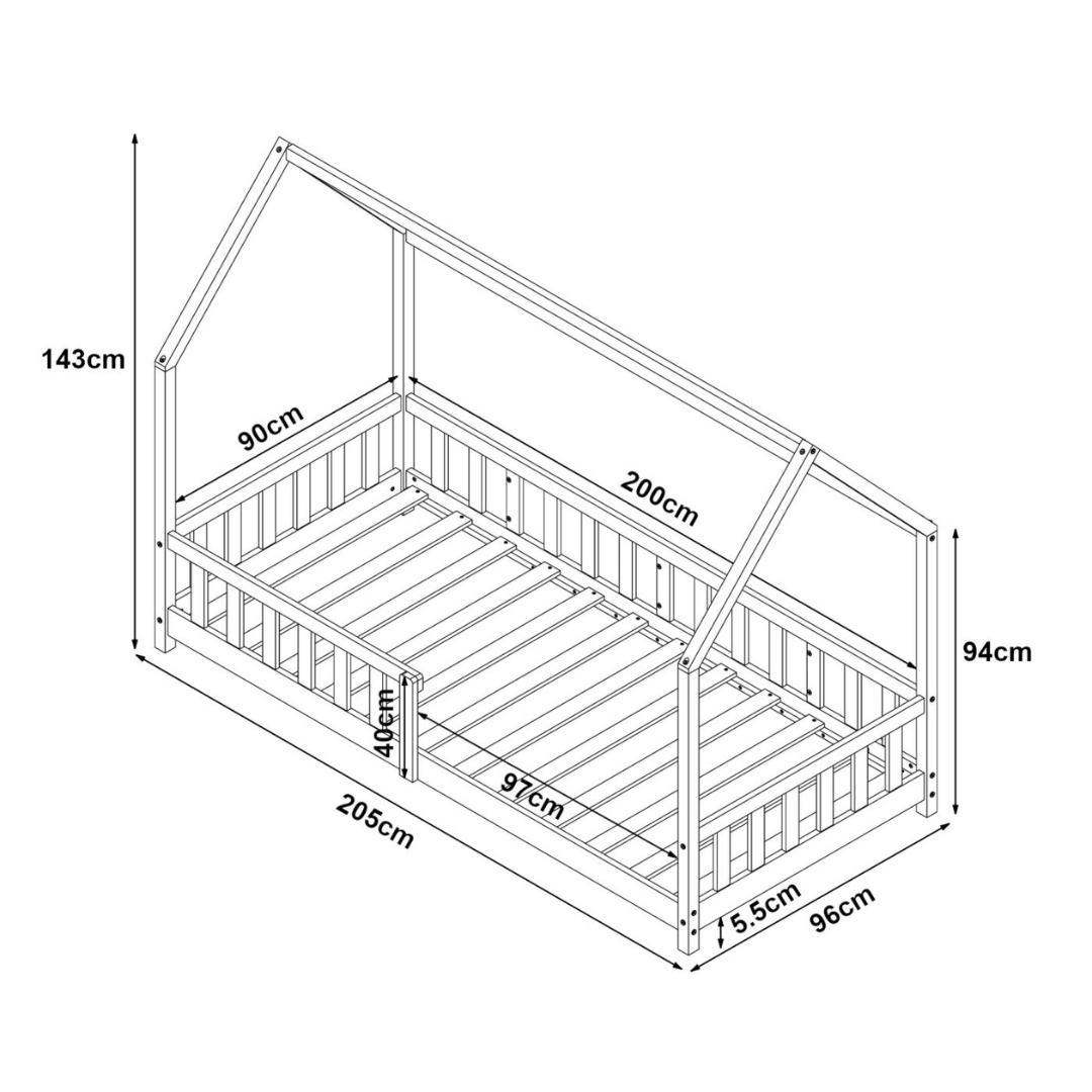 Pack lit cabane avec barrière + matelas 90x200cm