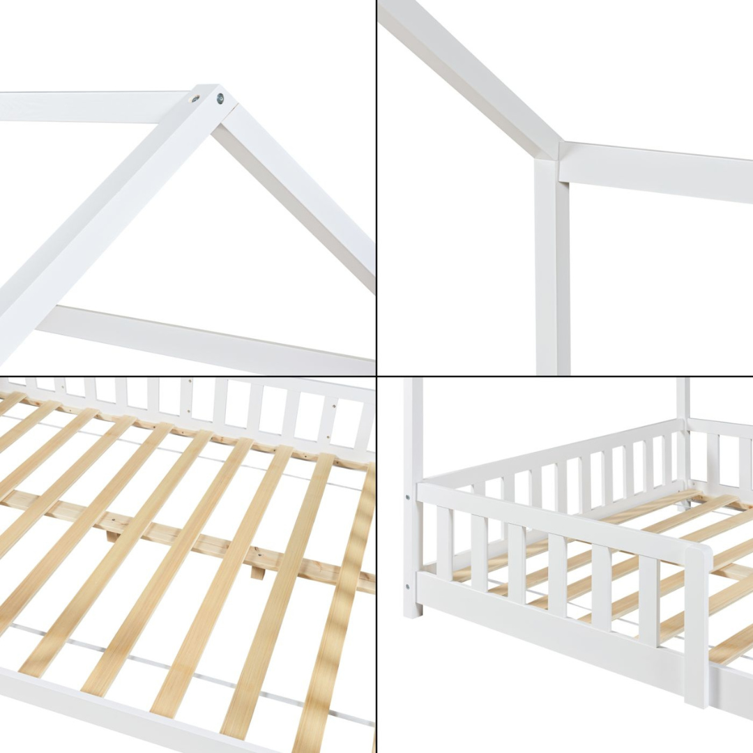 Lit cabane avec barrière 90x200cm - Blanc