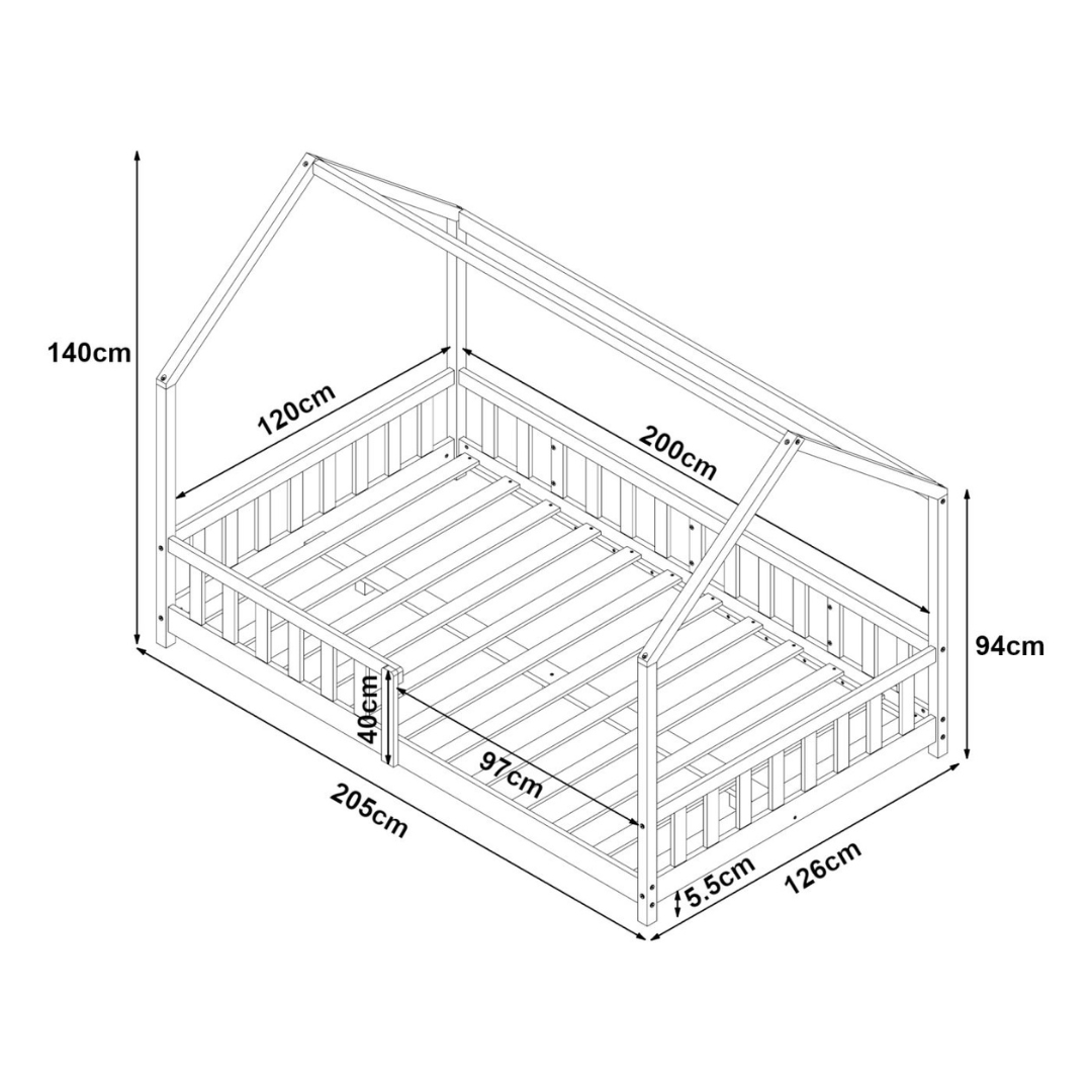 Pack lit cabane avec barrière + matelas 120x200cm