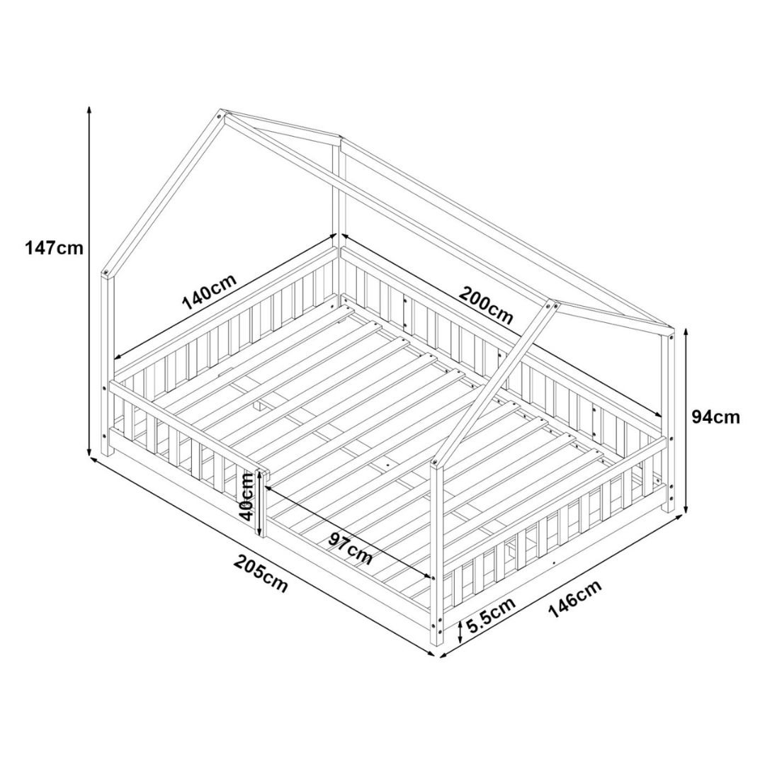 Pack lit cabane avec barrière + matelas 140x200cm