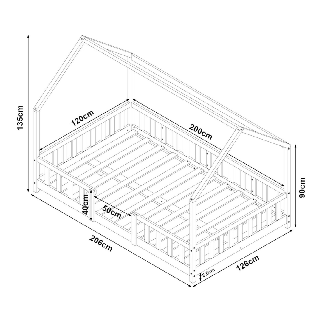 Grand lit cabane double avec barrière - 120x200cm - Blanc