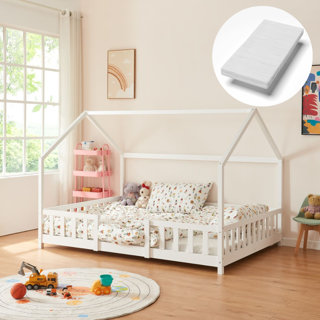 Grand lit cabane Montessori avec barrière + matelas - 120x200cm - Blanc