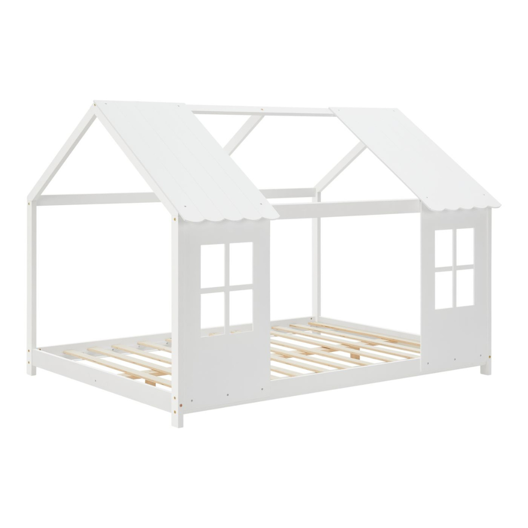 Grand lit cabane double avec matelas - 140x200cm - Blanc