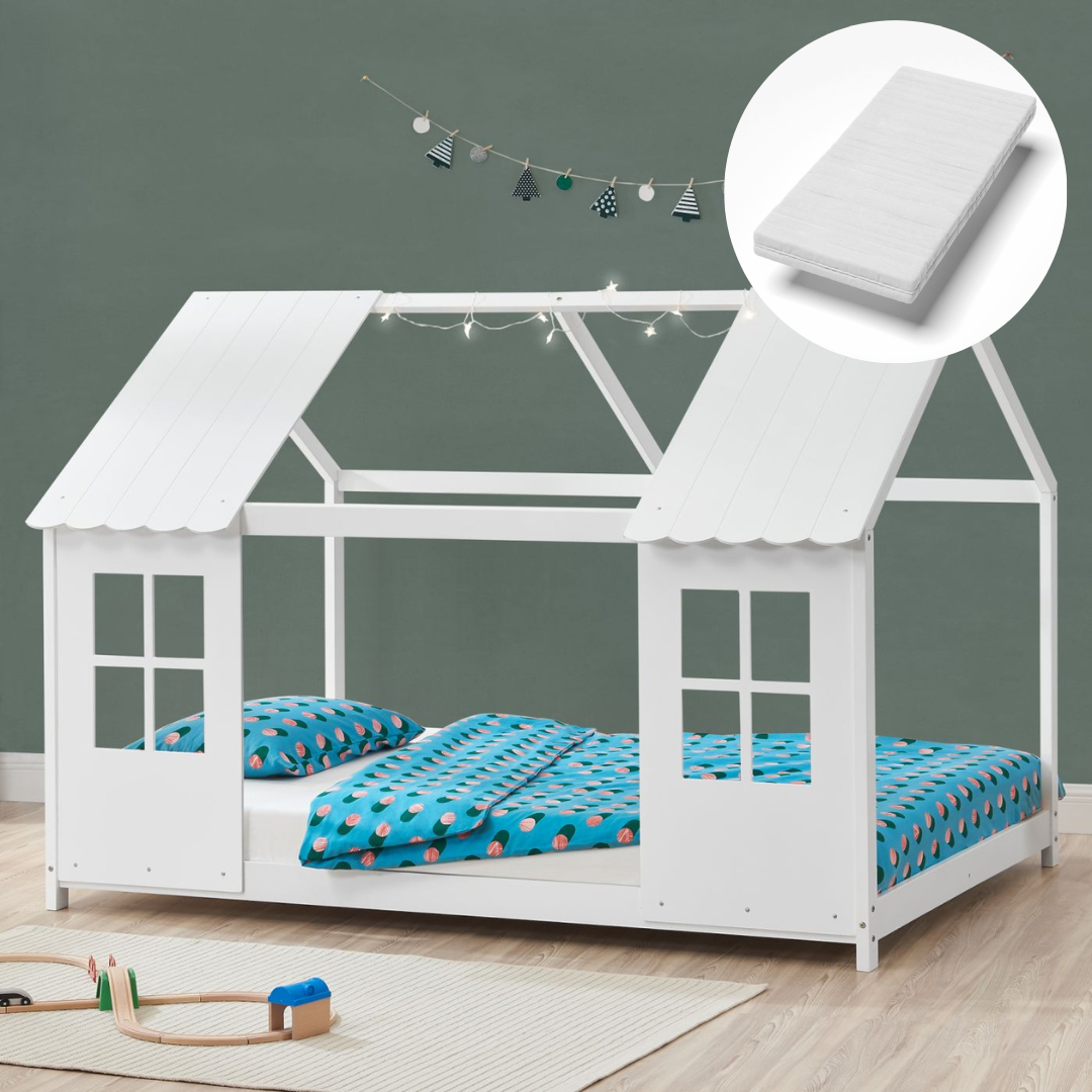 Grand lit cabane double avec matelas - 140x200cm - Blanc