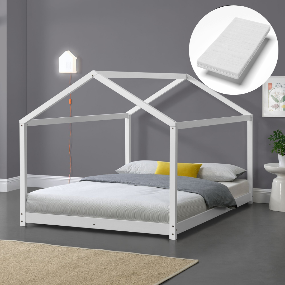 Grand lit cabane Montessori avec matelas - 120x200cm - Blanc