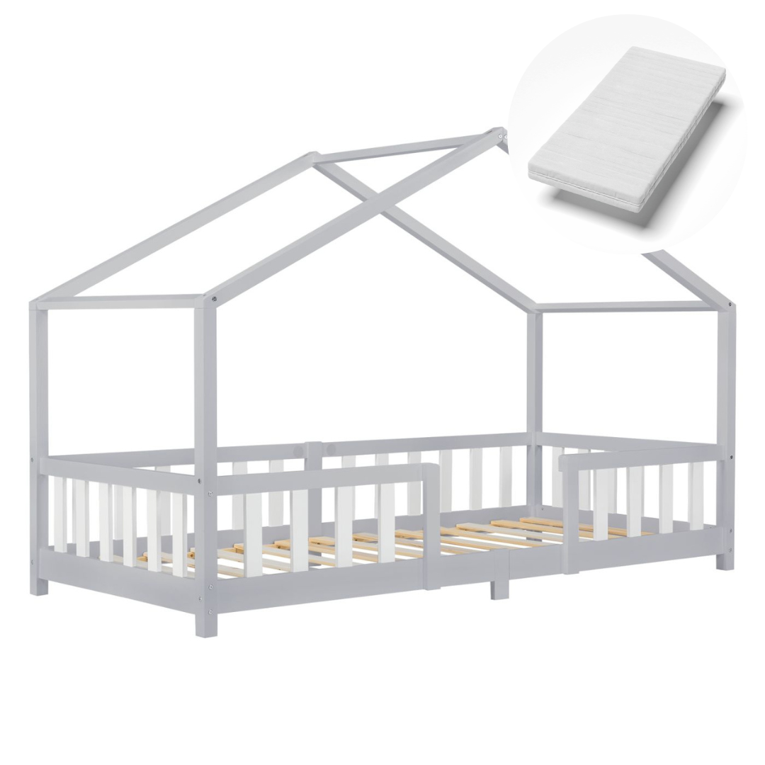 Lit cabane avec barrière + matelas - 90x200cm - Gris &amp; Blanc