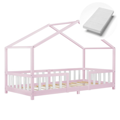 Lit cabane avec barrière + matelas - 90x200cm - Rose &amp; Blanc