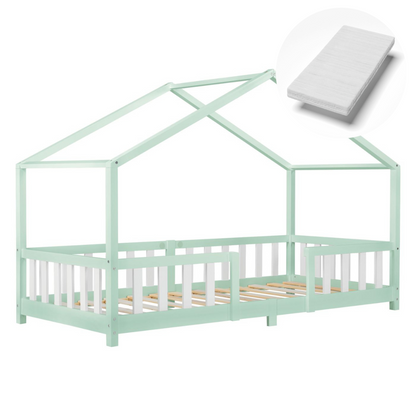 Lit cabane avec barrière + matelas - 90x200cm - Vert &amp; blanc