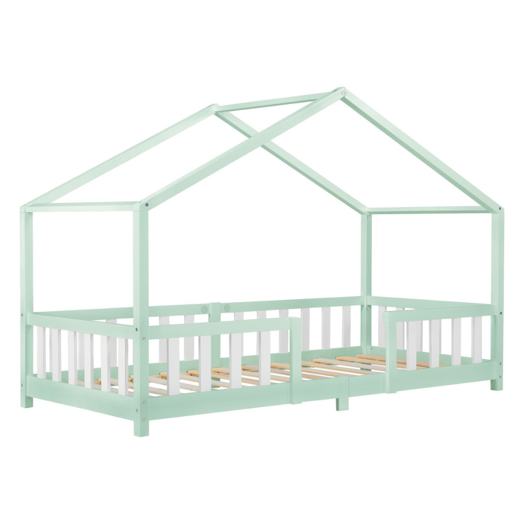 Lit cabane avec barrière + matelas - 90x200cm - Vert &amp; blanc