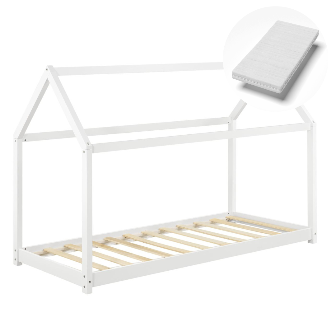 Lit cabane Montessori avec matelas - 80x160cm - Blanc