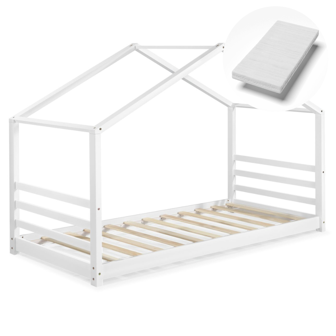 Lit cabane Montessori avec matelas - 90x200cm - Blanc