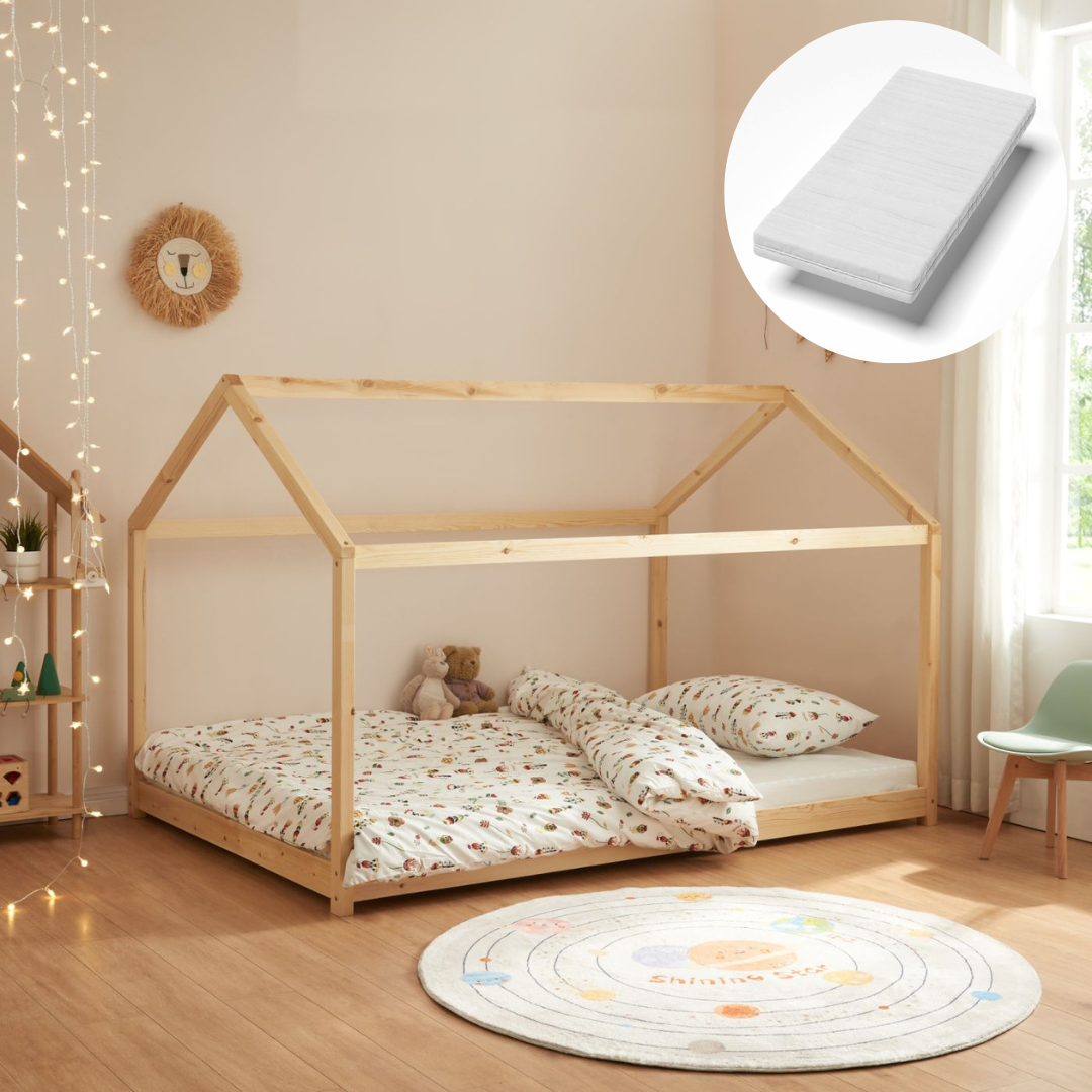 Lit cabane Montessori + matelas - 80x160cm - Bois naturel