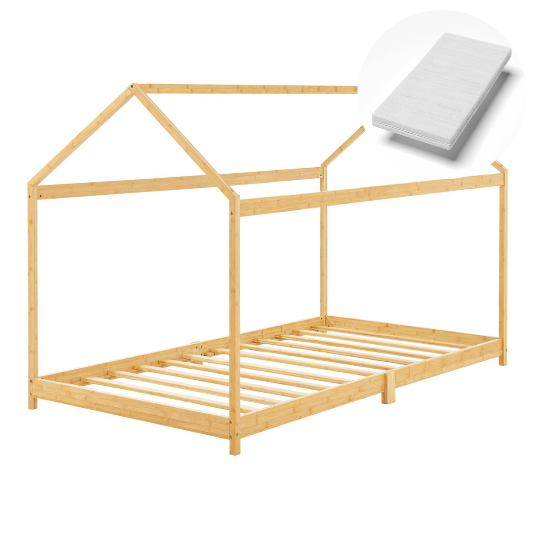 Grand lit cabane double avec matelas - 140x200cm - Bois naturel