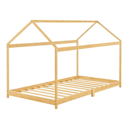 Grand lit cabane double avec matelas - 140x200cm - Bois naturel