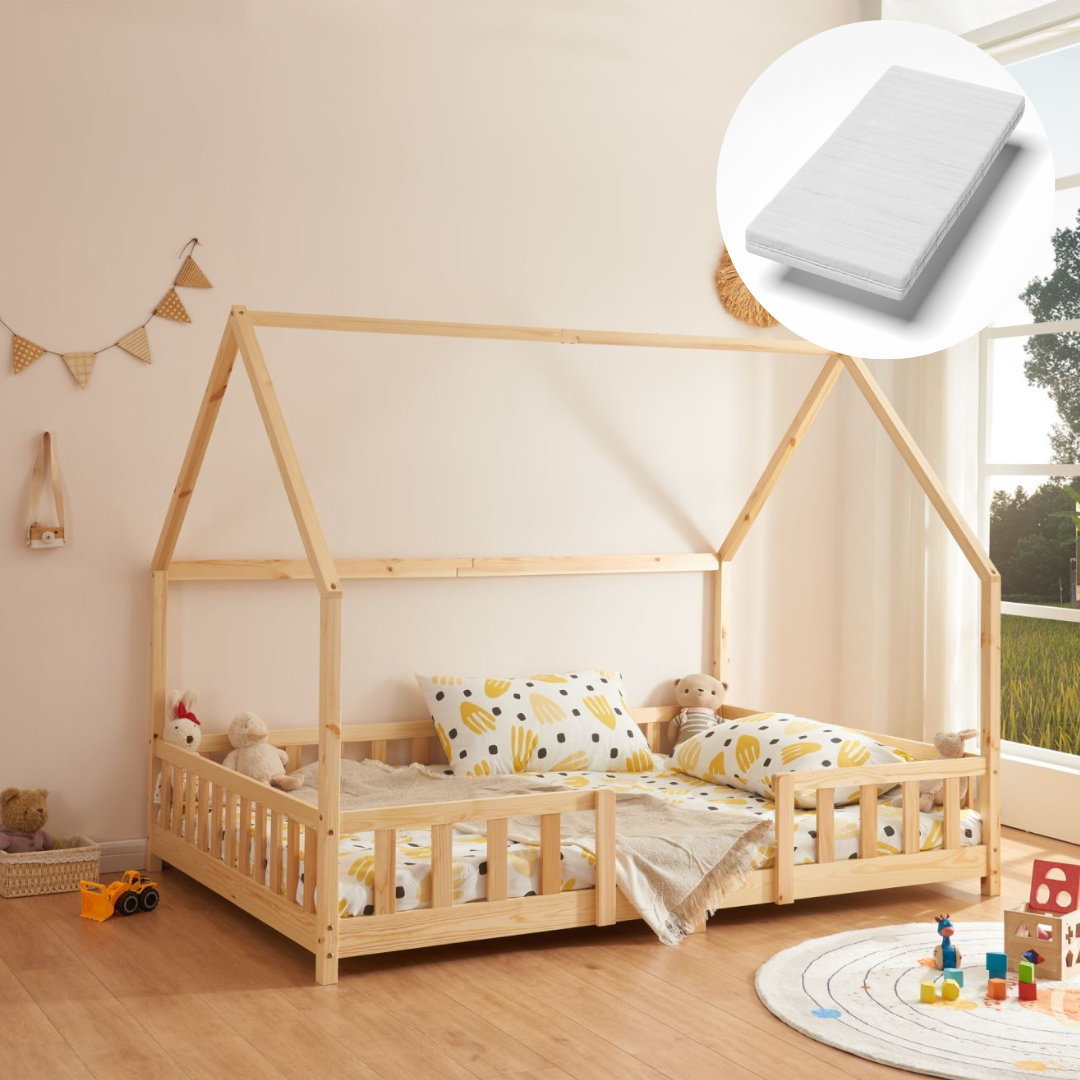 Grand lit cabane Montessori avec barrière + matelas - 120x200cm - Bois naturel