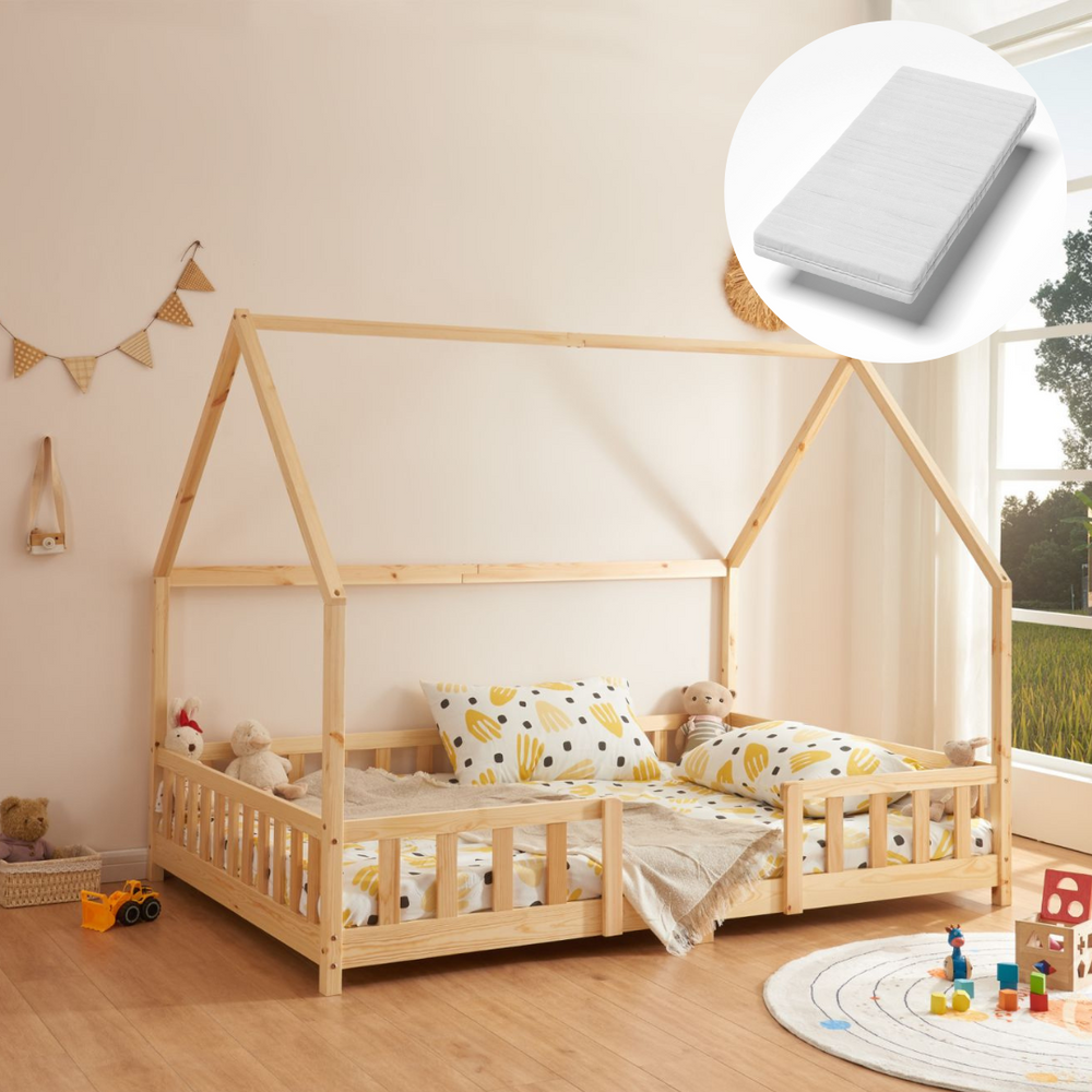 Groot Montessori kajuitbed met barrière + matras - 120x200cm - Wit