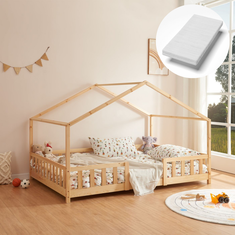 Grand lit cabane Montessori avec barrière + matelas - 120x200cm - Bois naturel