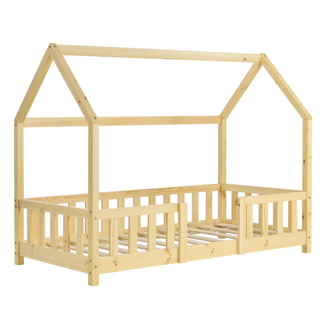 Lit cabane avec barrière + matelas - 70x140cm - Bois naturel