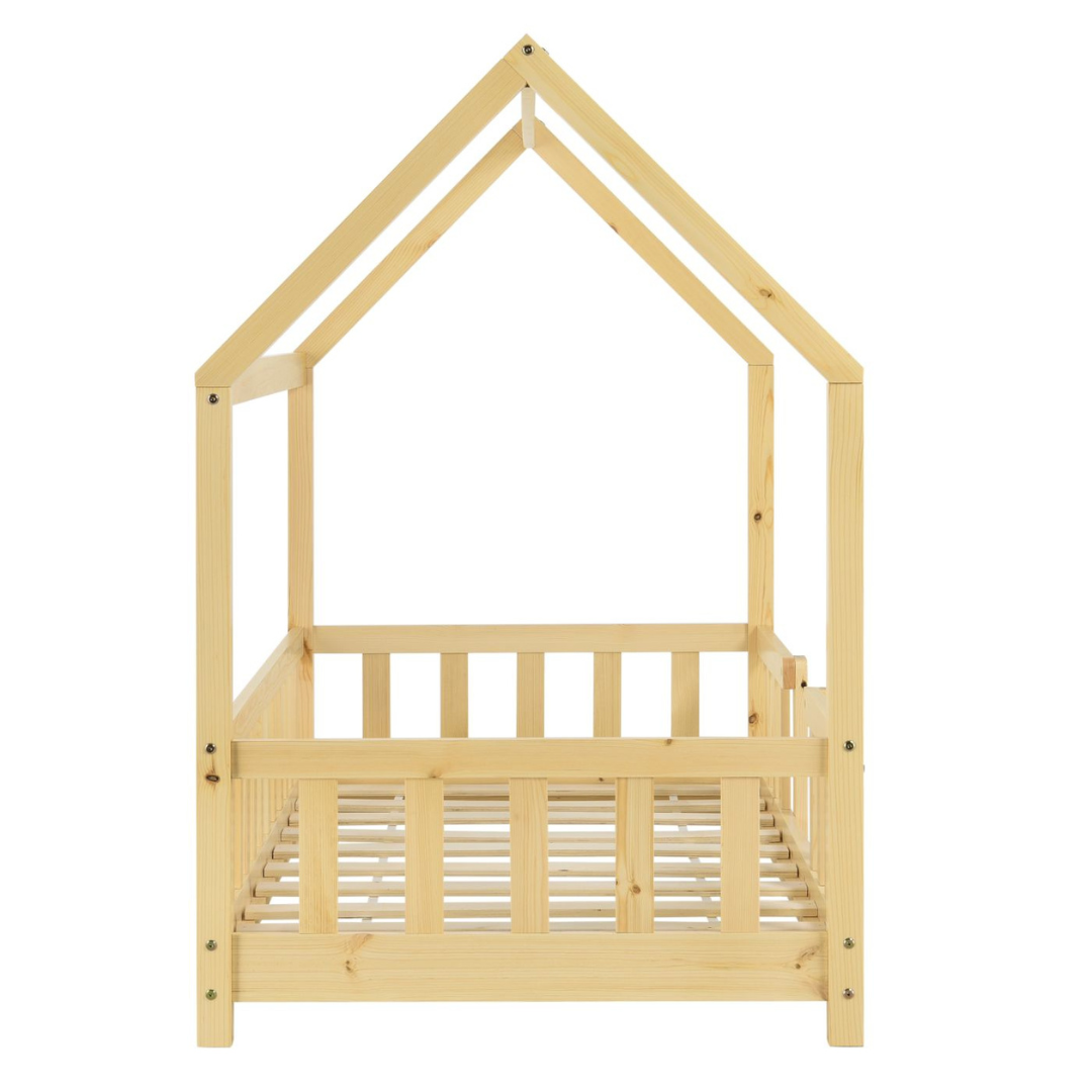 Lit cabane en bois naturel avec barrière amovible + matelas - 80x160cm - Bois naturel