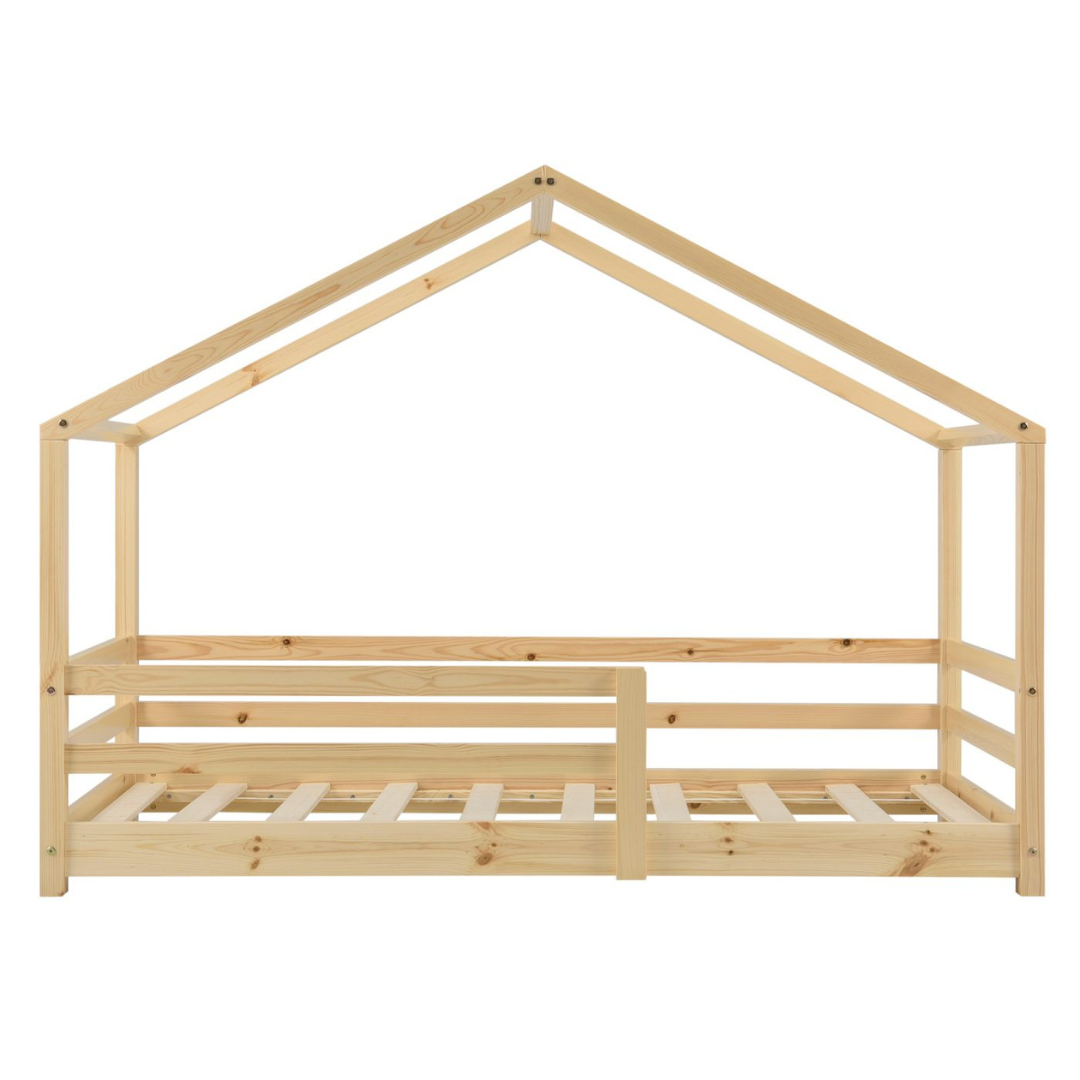 Lit cabane avec barrière et matelas - 90x200cm - Bois naturel