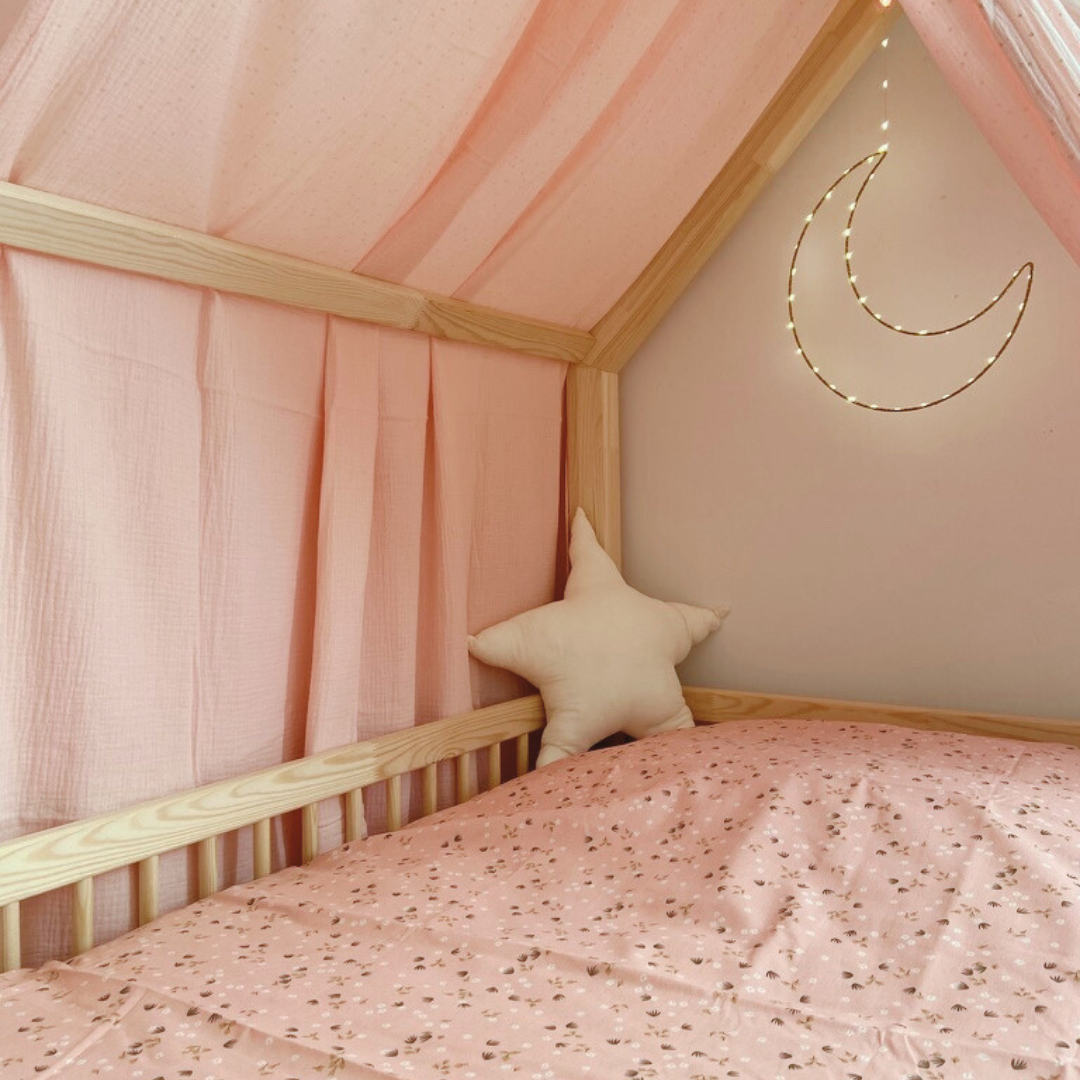 Ciel de lit cabane Rose blush pois dorés