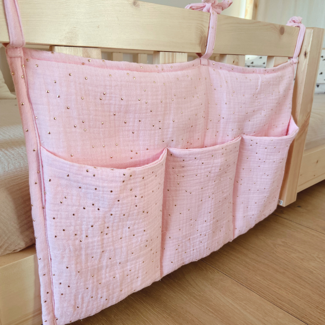 Pochette de rangement lit - Rose blush pois dorés