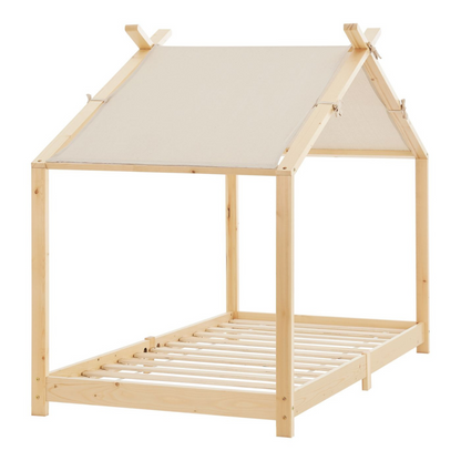 Pack lit cabane + ciel de lit + matelas 90x200cm - Bois naturel