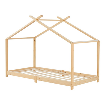 Pack lit cabane + ciel de lit + matelas 90x200cm - Bois naturel