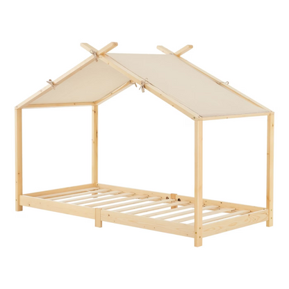 Pack lit cabane + ciel de lit + matelas 90x200cm - Bois naturel