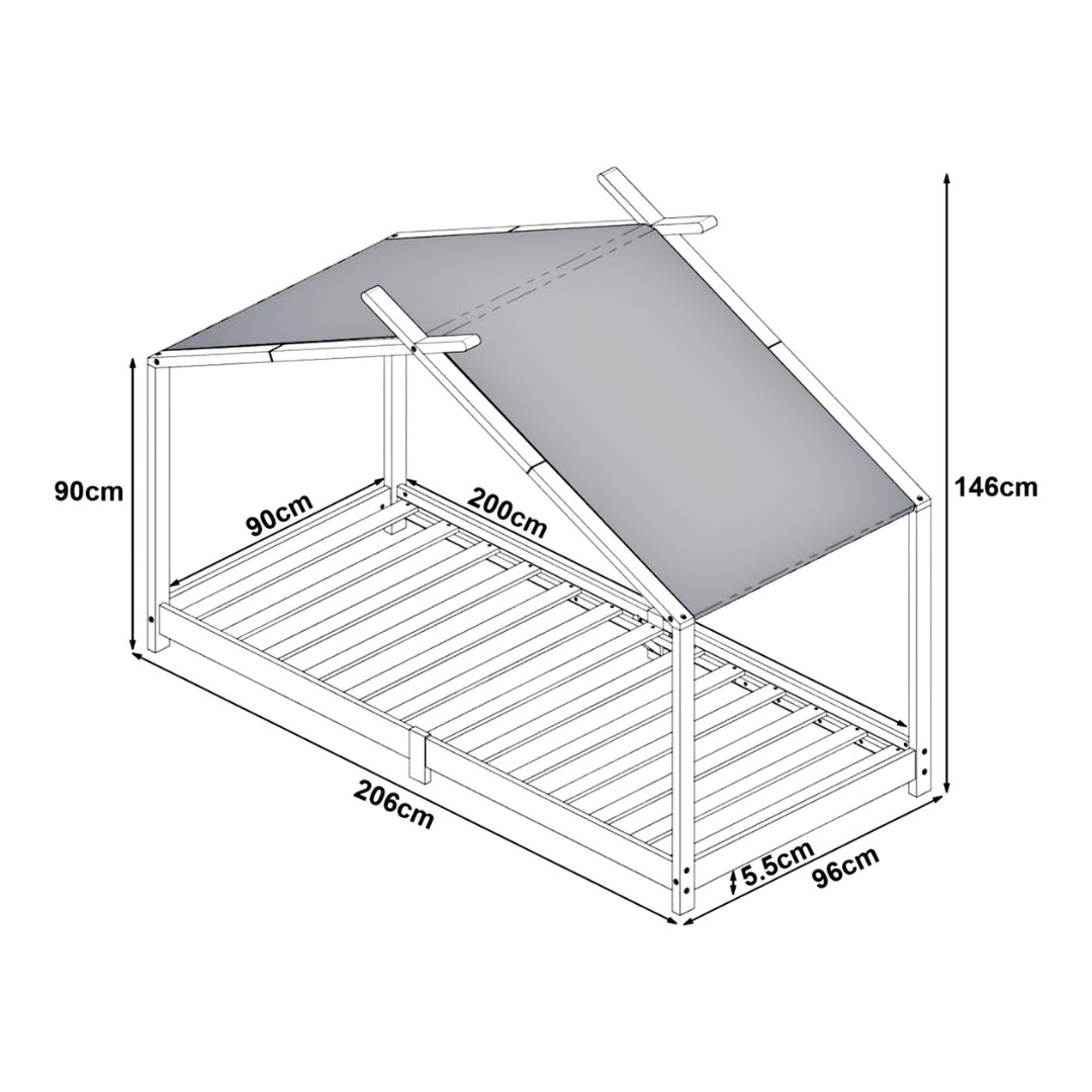 Pack lit cabane + ciel de lit + matelas 90x200cm - Bois naturel