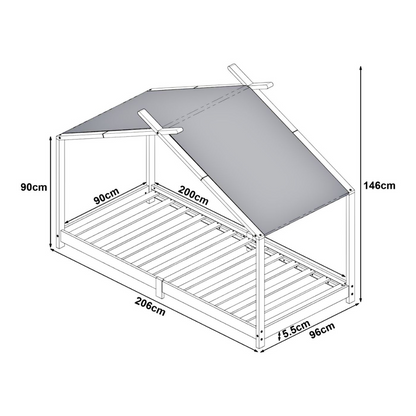 Pack lit cabane + ciel de lit + matelas 90x200cm - Bois naturel